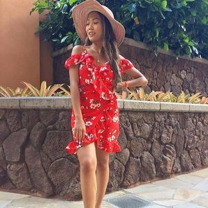 Red floral wrap dress